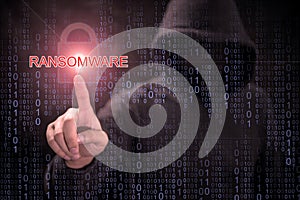 Hacker pointing in ransomware attack concept